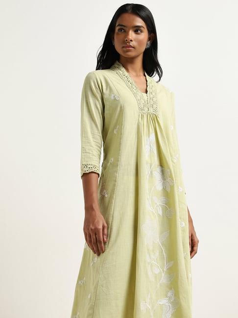 utsa by westside lime floral embroidered a-line cotton kurta