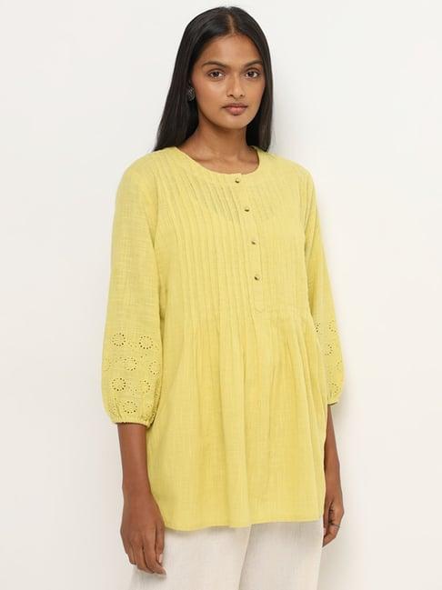 utsa by westside lime pintuck detailed a-line cotton kurti