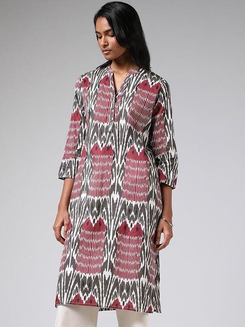 utsa by westside maroon & grey ikkat printed straight kurta