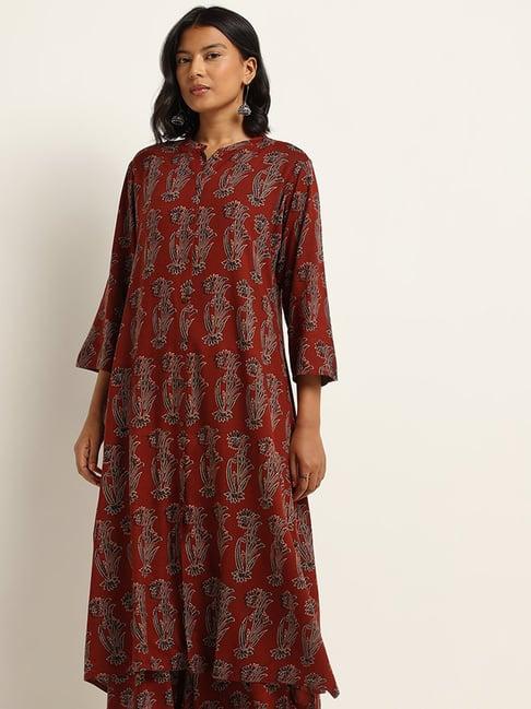 utsa by westside maroon straight fit printed kurta