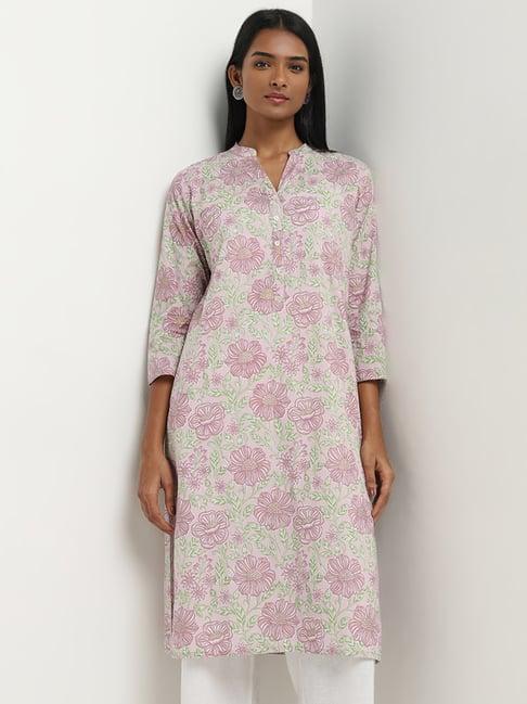 utsa by westside mauve floral printed straight cotton kurta