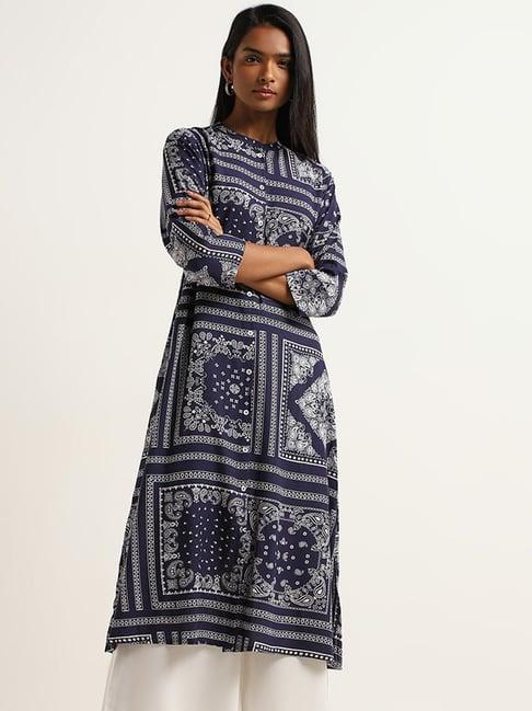 utsa by westside navy printed straight fit kurta