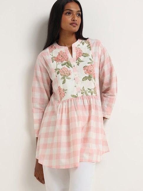 utsa by westside peach floral printed checked tunic