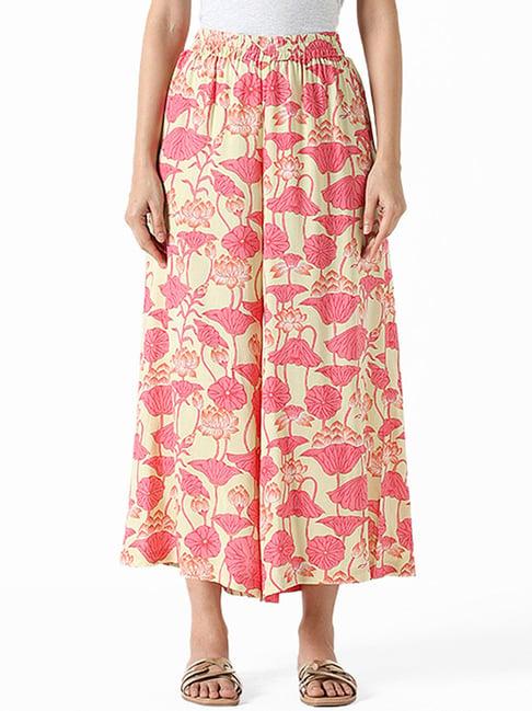 utsa by westside pink & beige printed floral lotus palazzos