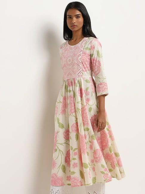 utsa by westside pink floral design a-line cotton kurta