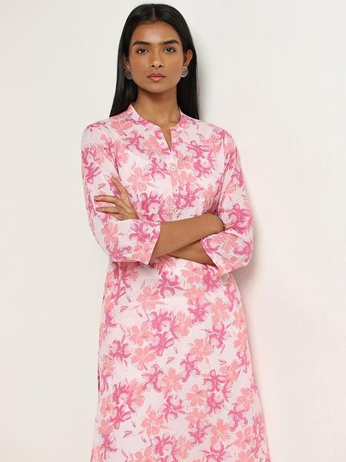 utsa by westside pink floral design straight cotton kurta