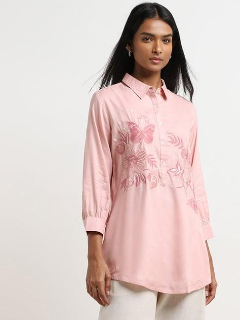 utsa by westside pink floral embroidered straight tunic