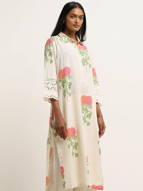 utsa by westside pink floral pattern a-line cotton blend kurta