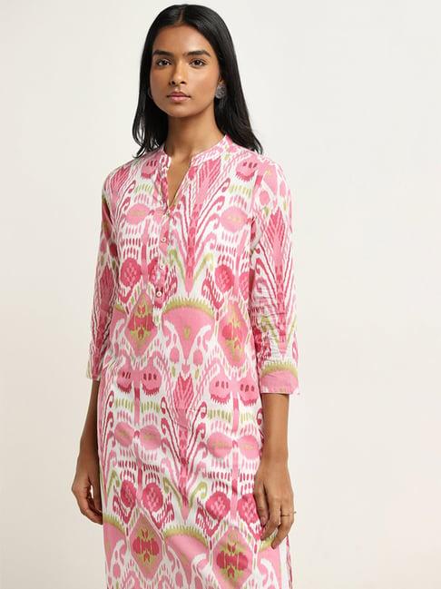 utsa by westside pink ikat printed straight cotton kurta