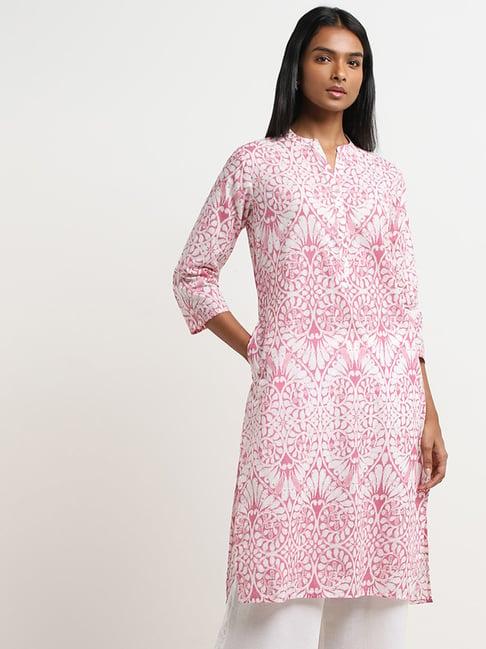 utsa by westside pink printed straight cotton kurta