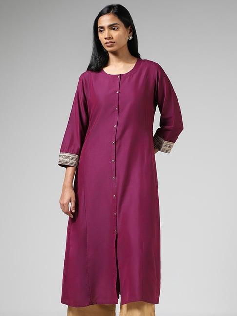 utsa by westside plum zari embroidered sleeves buttoned down kurta