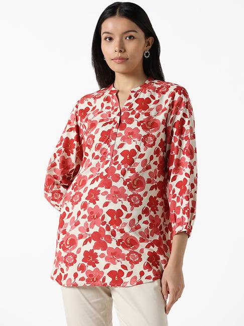 utsa by westside red & white floral printed straight tunic