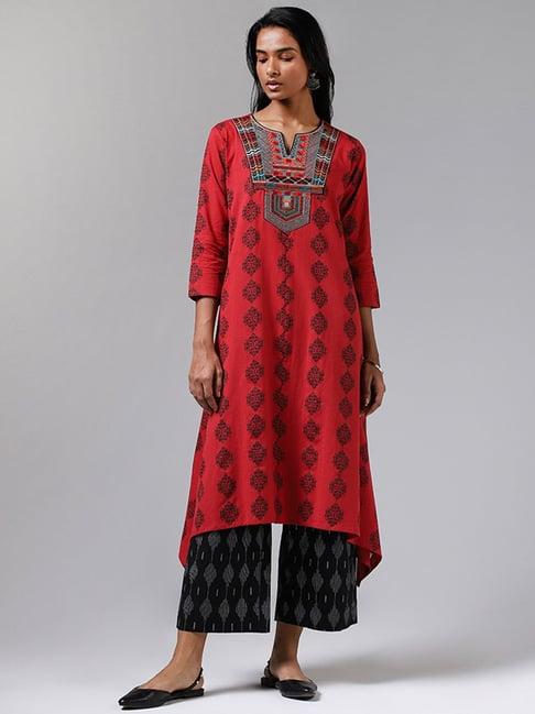 utsa by westside red embroidered and ikkat printed asymmetrical kurta