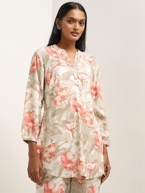 utsa by westside taupe floral pattern straight kurti