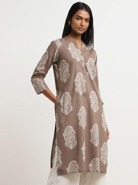 utsa by westside taupe paisley design straight cotton kurta