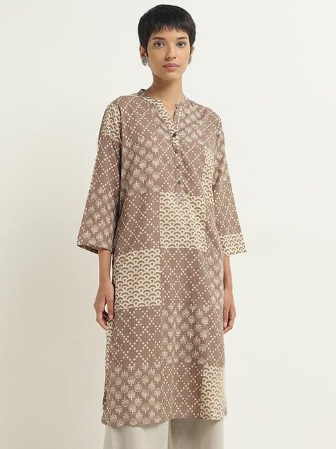 utsa by westside taupe patch printed straight cotton kurta