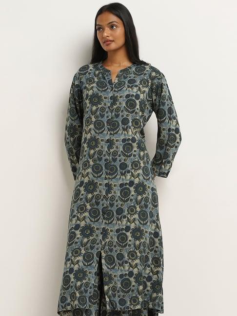 utsa by westside teal foliage printed a-line kurta