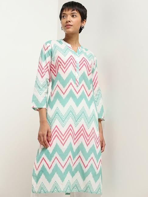 utsa by westside turquoise chevron printed cotton kurta