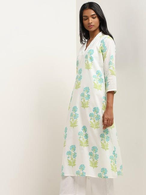 utsa by westside turquoise floral patterned a-line cotton kurta