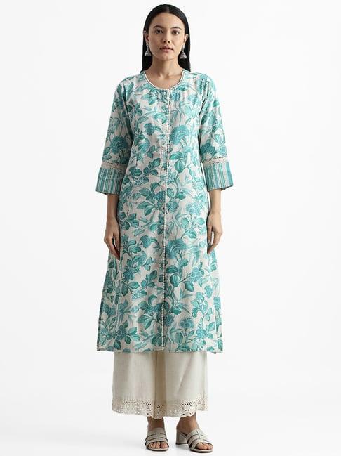 utsa by westside turquoise floral printed lace insert kurta