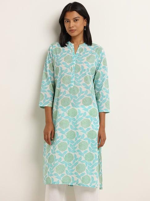 utsa by westside turquoise floral printed straight kurta