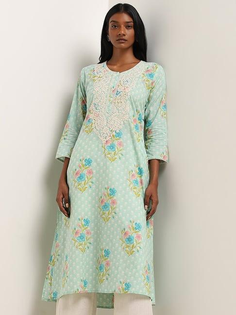 utsa by westside turquoise paisley embroidered a-line cotton kurta