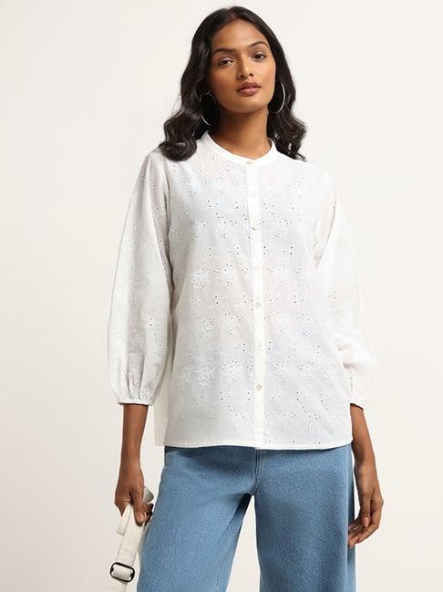 utsa by westside white button down schiffli tunic