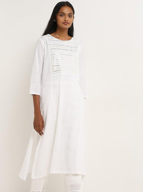 utsa by westside white embroidered  blended linen a-line kurta