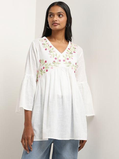 utsa by westside white floral embroidered a-line cotton kurti