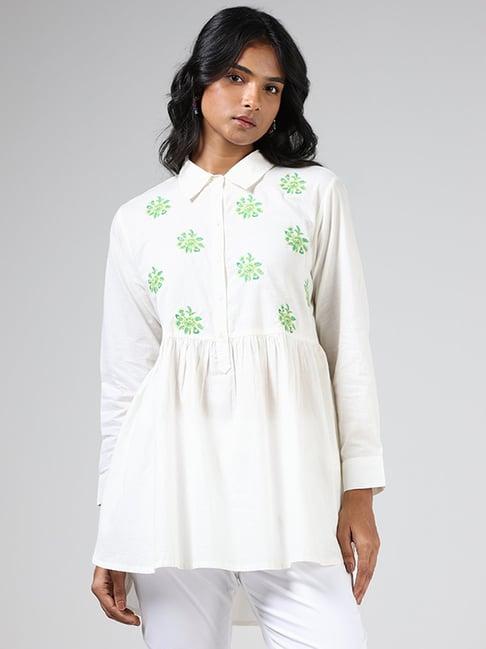 utsa by westside white floral embroidered collar neck gathered tunic
