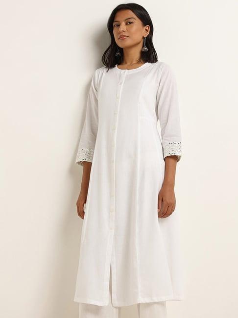 utsa by westside white mirror-detailed blended linen a-line kurta