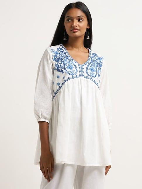 utsa by westside white paisley embroidered straight kurti