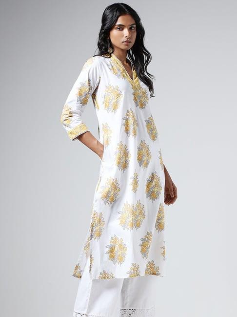 utsa by westside yellow & white printed floral straight kurta