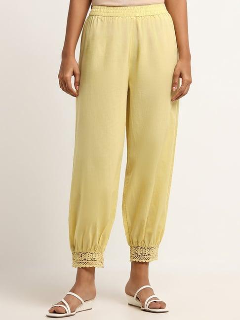 utsa by westside yellow crochet trimmed pants