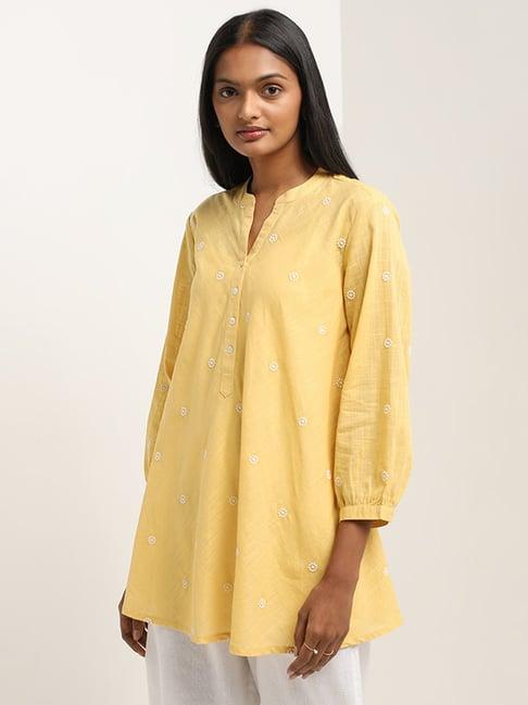 utsa by westside yellow embroidered a-line cotton kurti