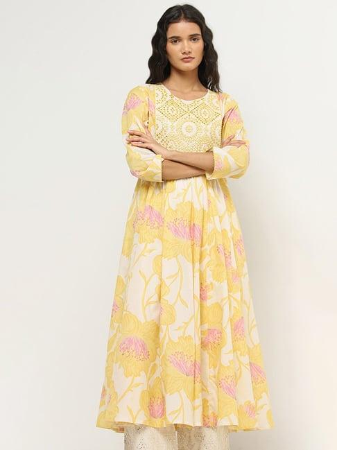 utsa by westside yellow floral printed a-line cotton kurta