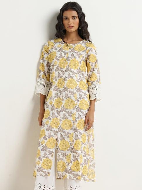 utsa by westside yellow floral printed a-line cotton kurta