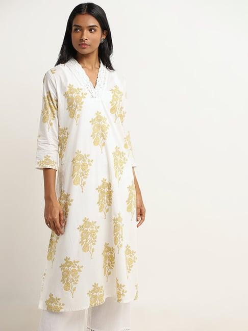 utsa by westside yellow foliage printed a-line cotton kurta