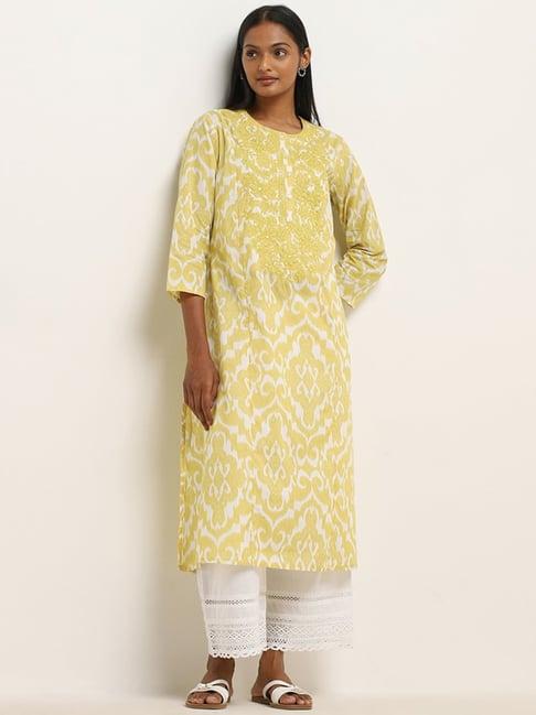 utsa by westside yellow ikat pattern straight cotton kurta