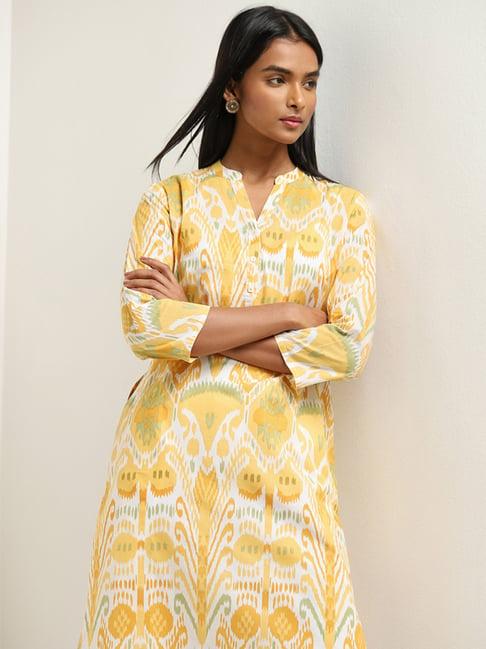 utsa by westside yellow ikat pattern straight cotton kurta