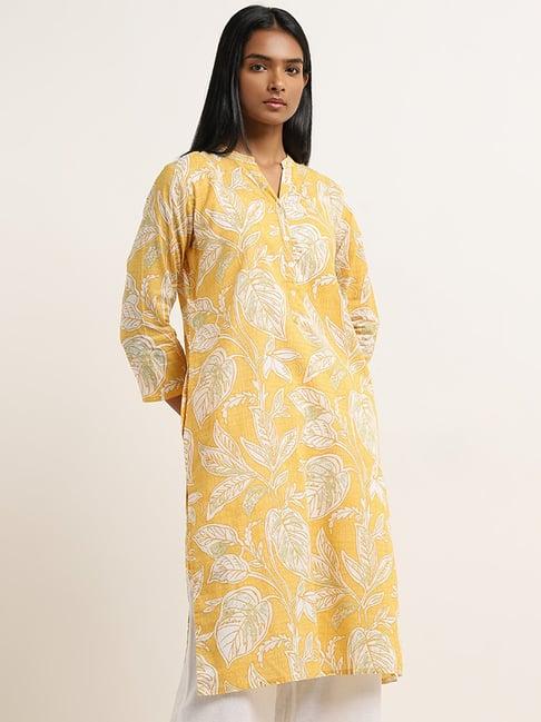 utsa by westside yellow leaf patterned straight cotton kurta