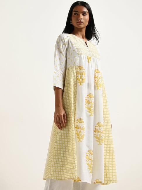 utsa by westside yellow printed a-line cotton kurta