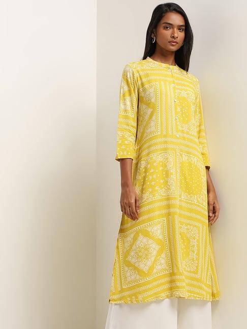 utsa by westside yellow printed straight fit kurta