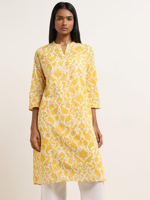 utsa by westside yellow straight-fit floral print cotton kurta