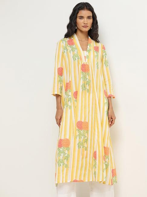 utsa by westside yellow striped pattern a-line cotton kurta