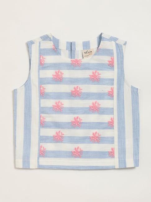 utsa kids by westside floral embroidered blue striped top