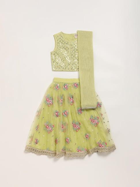 utsa kids by westside lime mesh embroidered top, ghagra & dupatta set