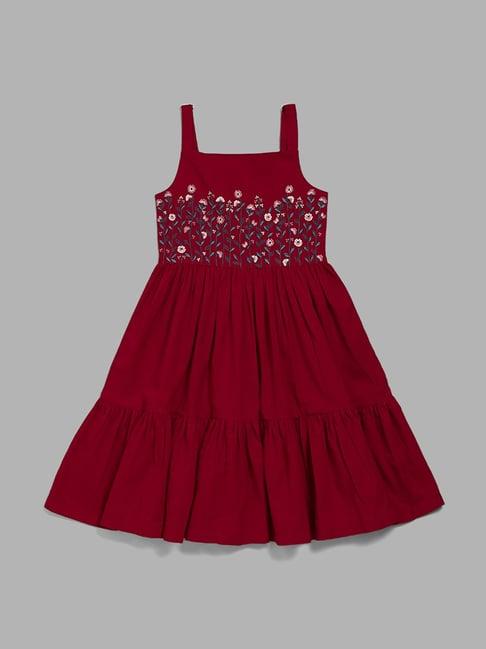utsa kids by westside maroon floral embroidered tiered dress