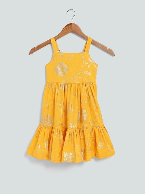 utsa kids by westside yellow gold foil printed tiered dress