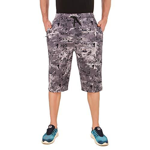 uzarus men's cotton three fourth capri shorts with two zippered pockets (xl, grey)